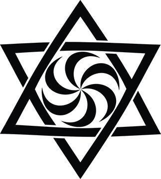 Raelian movement symbol featuring star of david hexagram with swirling galaxy spiral inside representing infinity and extraterrestrial origin concept black icon sign emblem logo shape.