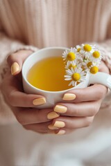 Woman hands with yellow manicure holding a white cup of chamomile tea with fresh daisy flowers, wellness and self care concept