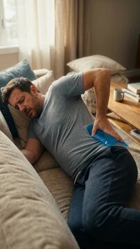 Man suffering from lower back pain lying on a sofa. Adult male using a blue gel ice pack for injury relief at home. Vertical shot of physical discomfort and recovery concept