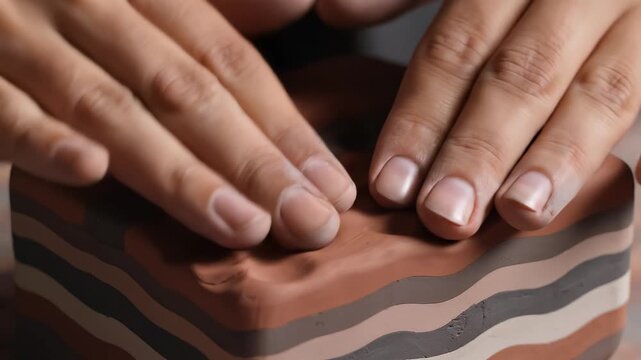 Hands shaping layered clay block