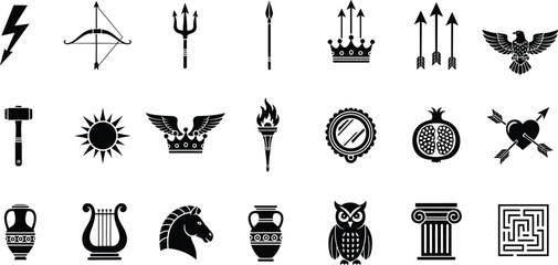 Ancient mythology symbol icons, Greek myth silhouettes, legendary artifacts collection, cultural heritage emblems, black and white design flat vector