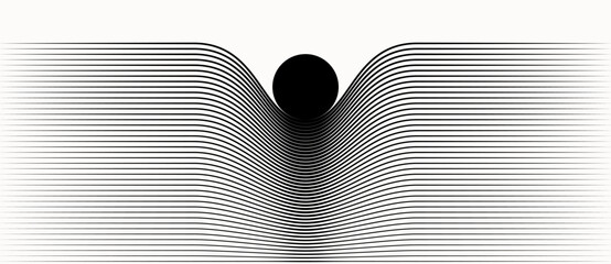 Abstract illustration of spacetime curvature with a black circle above warped lines, symbolizing gravity, distortion, and general relativity in physics and astronomy. © Mykola Mazuryk