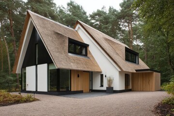 Modern house with a thatched roof situated in a forest area having large windows and wooden details surrounded by trees during daylight
