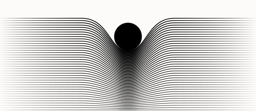 Abstract illustration of spacetime curvature with a black circle above warped lines, symbolizing gravity, distortion, and general relativity in physics and astronomy.