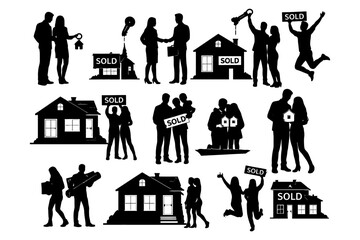 Silhouettes of diverse individuals celebrating real estate success.