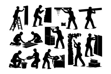 Silhouette of diverse male workers performing various construction tasks.