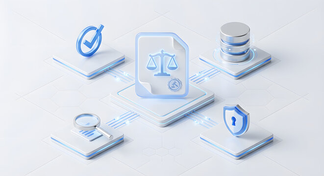 isometric 3d digital legal compliance and justice system with document law scales shield security and database icons on a clean white technology circuit background