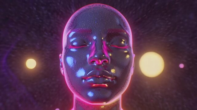 close-up of a meditating person's face, eyes closed, calm expression chakra luminous floating symbols along body, radiant auras purple, blue, green, yellow, orange, red flowing outward cosmic particle