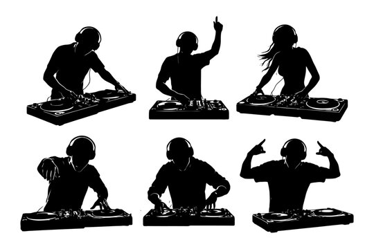 Silhouette of djs mixing music on turntables - diverse male/female figures with headphones.