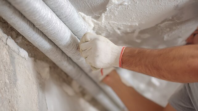 A construction worker wearing a glove fixing insulated pipes on a ceiling