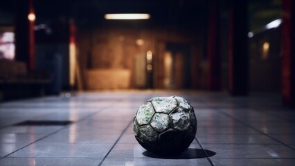 A weathered soccer ball sits alone on a shiny tiled floor in a deserted sports hall. The faint light casts shadows, revealing the wear of time in this quiet, forgotten space. © icetray