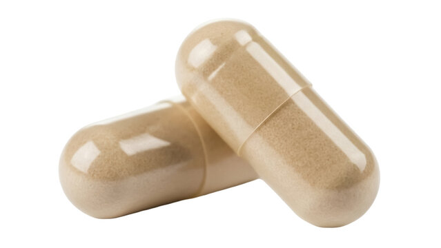 Two beige capsules isolated PNG on transparent background, dietary supplement for health and wellness, pharmaceutical product for medical treatment
