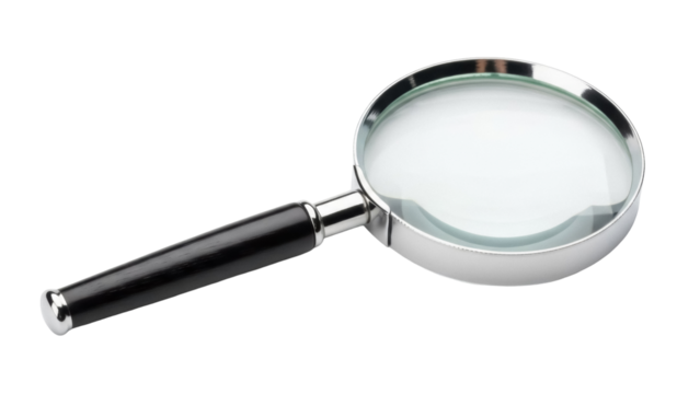 Magnifying glass with black handle isolated PNG, silver frame loupe for reading and inspection on transparent background - Powered by Adobe