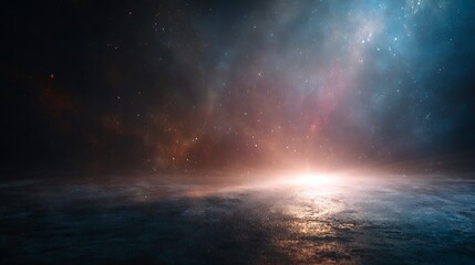A cosmic scene, a glowing celestial event, casting light over a reflective, dark surface