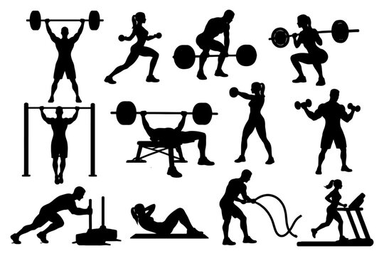 Silhouettes of diverse fitness exercises and gym activities.