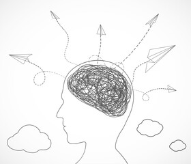 Minimal line art. Paper airplanes fly out of a human head with a tangled brain. White background. Vector illustration.