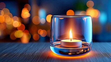 Candle in glass holder on wooden surface