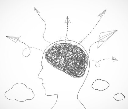 Minimal line art. Paper airplanes fly out of a human head with a tangled brain. White background. Vector illustration.