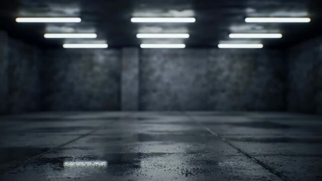 Abstract industrial interior with concrete floor, glowing lights, and sparks, creating a dynamic atmosphere.