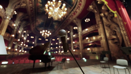 A well decorated stage is alive with anticipation, featuring a microphone in the foreground and a grand piano. Beautiful lights and ornate decor enhance the artistic ambiance.