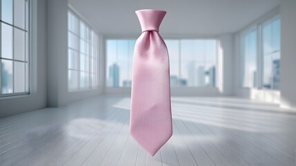 A pink tie is suspended in midair in a room with large windows