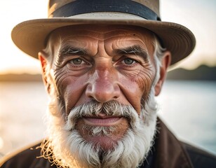 Portrait of a weathered man with a hat and beard.