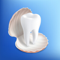 Healthy white human tooth in a seashell. Vector illustration.