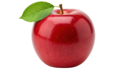 Shiny red apple with green leaf isolated PNG, fresh fruit close-up on transparent background for healthy eating and food design