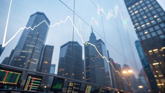 A modern cityscape features a declining stock market graph reflected on a glass building, symbolizing economic changes and trends. - Powered by Adobe