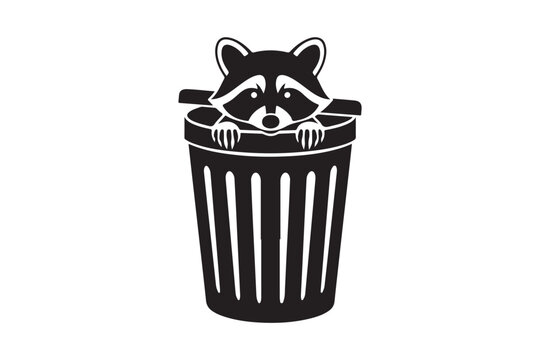 Raccoon hiding in trash can silhouette vector art