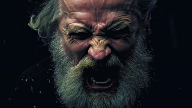 close-up of an elderly bearded man screaming, face contorted rage, dynamic motion blur abstract expressionist distortions, liquid color streaks particles his facial surreal wrinkles beard black
