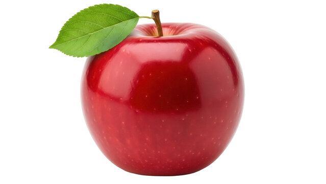 Shiny red apple with green leaf isolated PNG, fresh fruit close-up on transparent background for healthy eating and food design