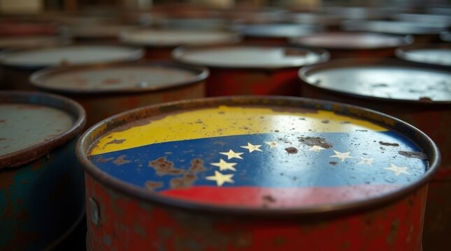 Barriles de petr&oacute;leo oxidados en primer plano con una gran bandera venezolana