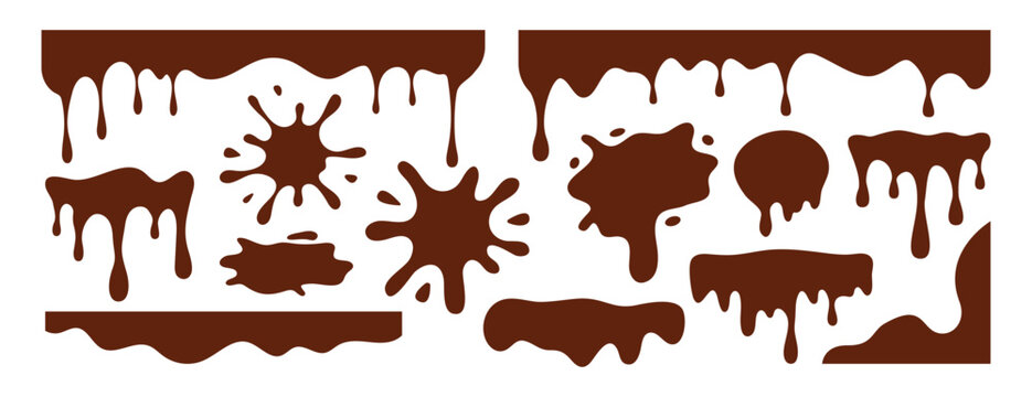 Collection of various chocolate melting liquid borders, drips, and splashes, perfect for dessert or candy-themed graphics