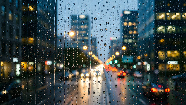Spring rain droplets on window with city lights blurred behind moody atmosphere - Powered by Adobe