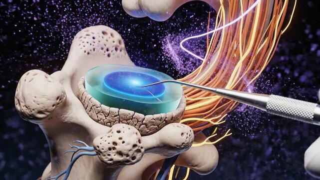 Medical illustration of spine with glowing energy field close up black backdrop