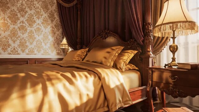 Luxurious four-poster bedroom with gold satin bed, carved walnut rails, heavy drapes. And gold glow!