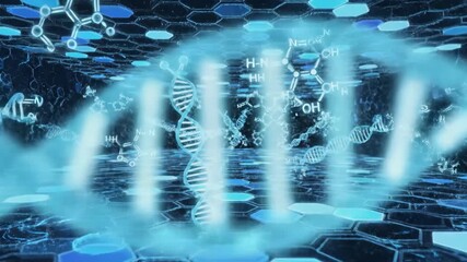 Abstract Blue DNA Helix and Molecular Structures Over Hexagonal Grid Background - Powered by Adobe