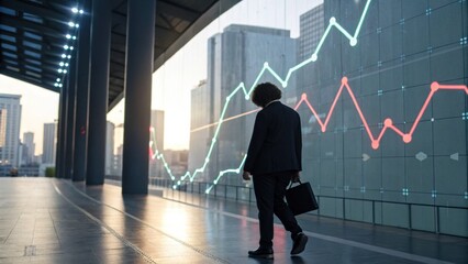 A business professional walking past a large screen displaying fluctuating financial graphs in an urban setting at sunset.