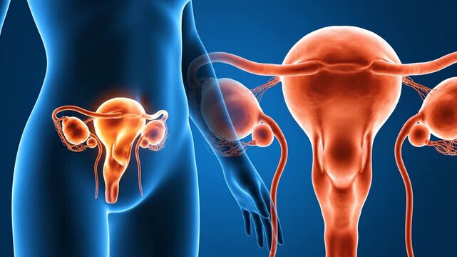 Medical illustration of the female reproductive system on blue background