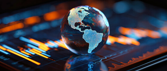 A detailed 3D rendering displays a hologram of Earth on a sleek tablet, illuminated against vibrant stock market trends in blue and orange hues