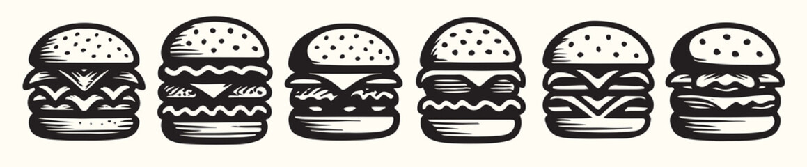 Six Black and White Hand Drawn Triple Decker Burgers Illustration Food Menu Design