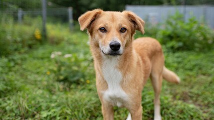 Close-up of a dog standing on a grassy field. the dog appears to be a mix breed, possibly a labrador retriever or a similar breed. it has a light brown coat with white patches on its chest and back.