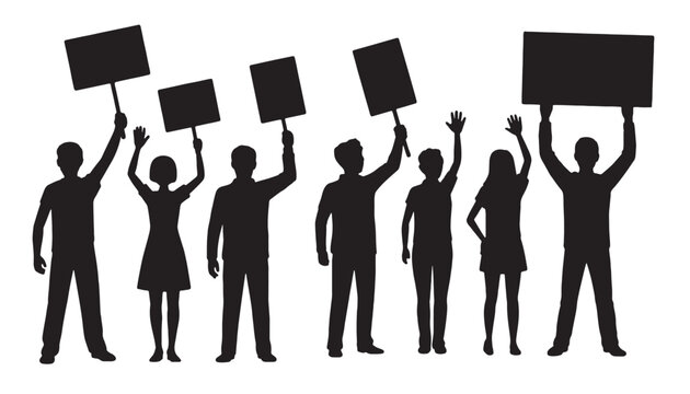 silhouettes of protestors holding signs demonstrating