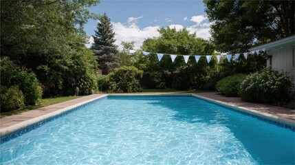 Large swimming pool in a backyard. the pool is rectangular in shape and has a blue-green color. the water is crystal clear and appears to be well-maintained.