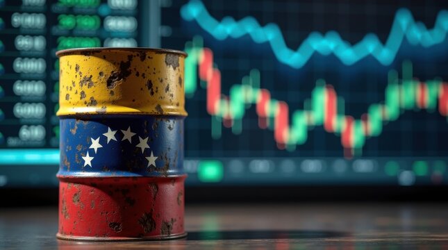 Barril de petr&oacute;leo situado frente a una gran pantalla burs&aacute;til que muestra tendencias y estad&iacute;sticas fluctuantes del mercado