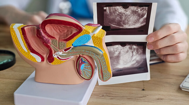 Ultrasound of male genital organs and doctor examines result. Ultrasound of penis indications of cause and diagnosis concept