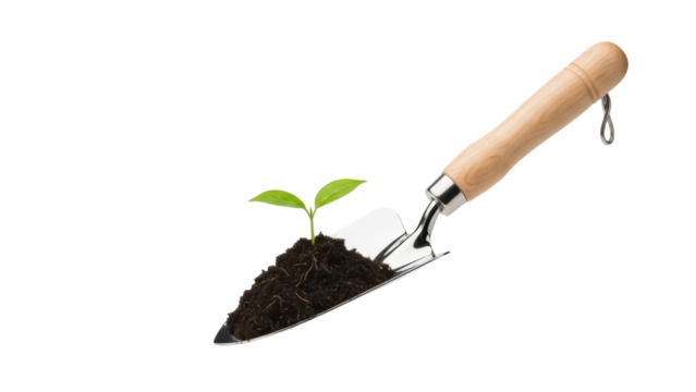 Trowel with soil and seedling isolated PNG, gardening hand tool for planting and transplanting on transparent background - Powered by Adobe