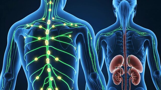 Medical illustration of the human body showing the lymphatic and urinary systems