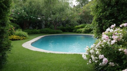 Beautiful backyard with a large swimming pool in the center. the pool is rectangular in shape and has a curved edge around the edges. the water is a bright blue color and appears to be crystal clear.